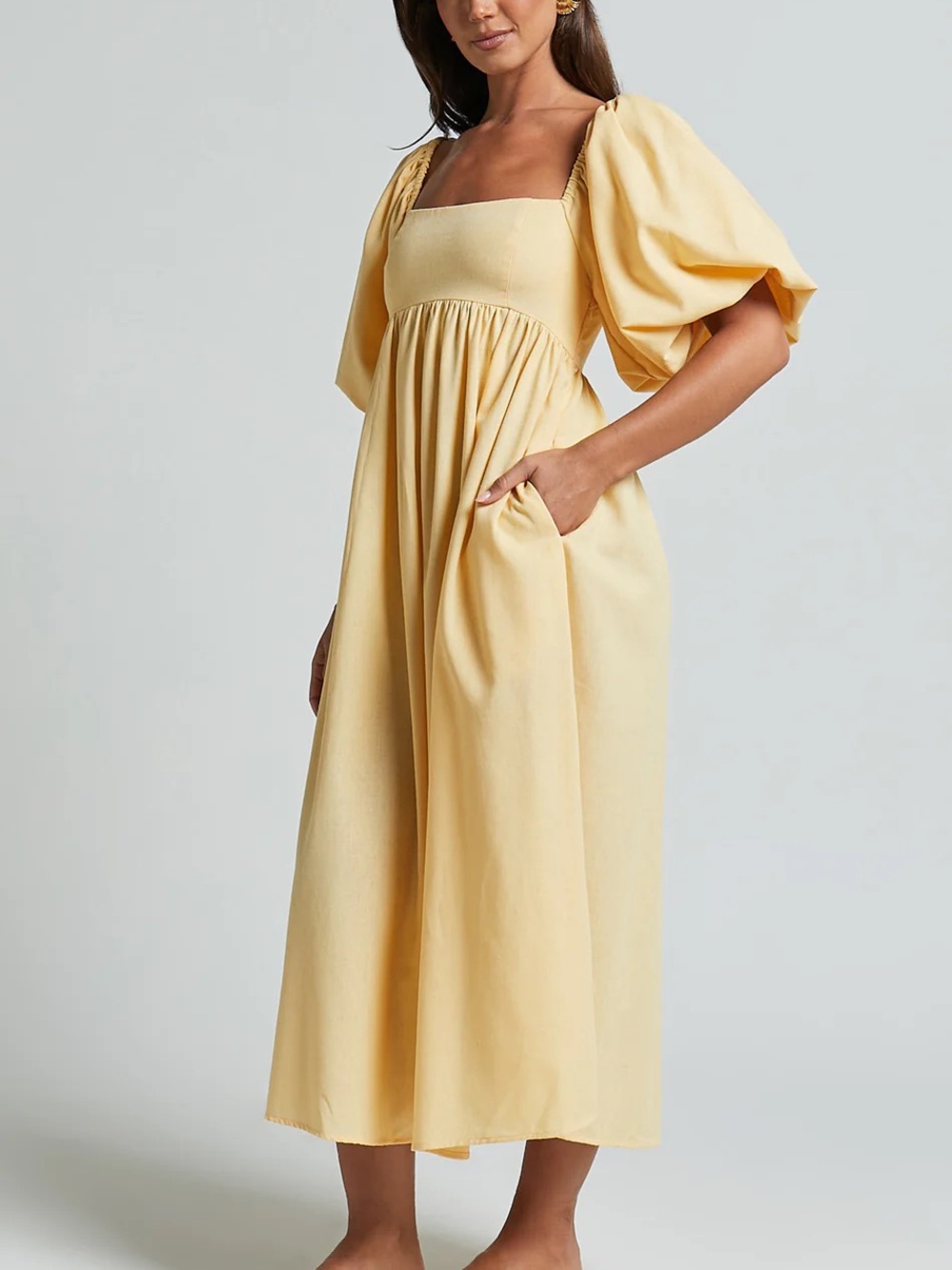 Showpo Pale Yellow Puff-Sleeve Square Neck Midi Dress
